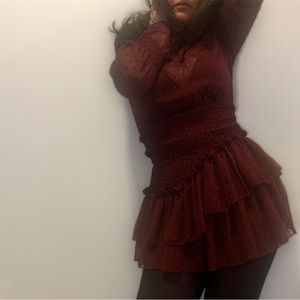 Maroon tiered ruffle /sea through dress
